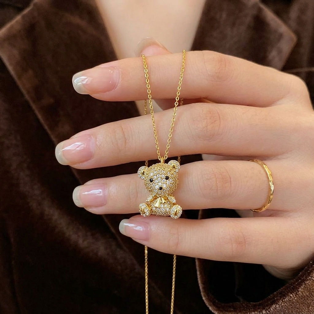 Cubic Zirconia cute bear necklace