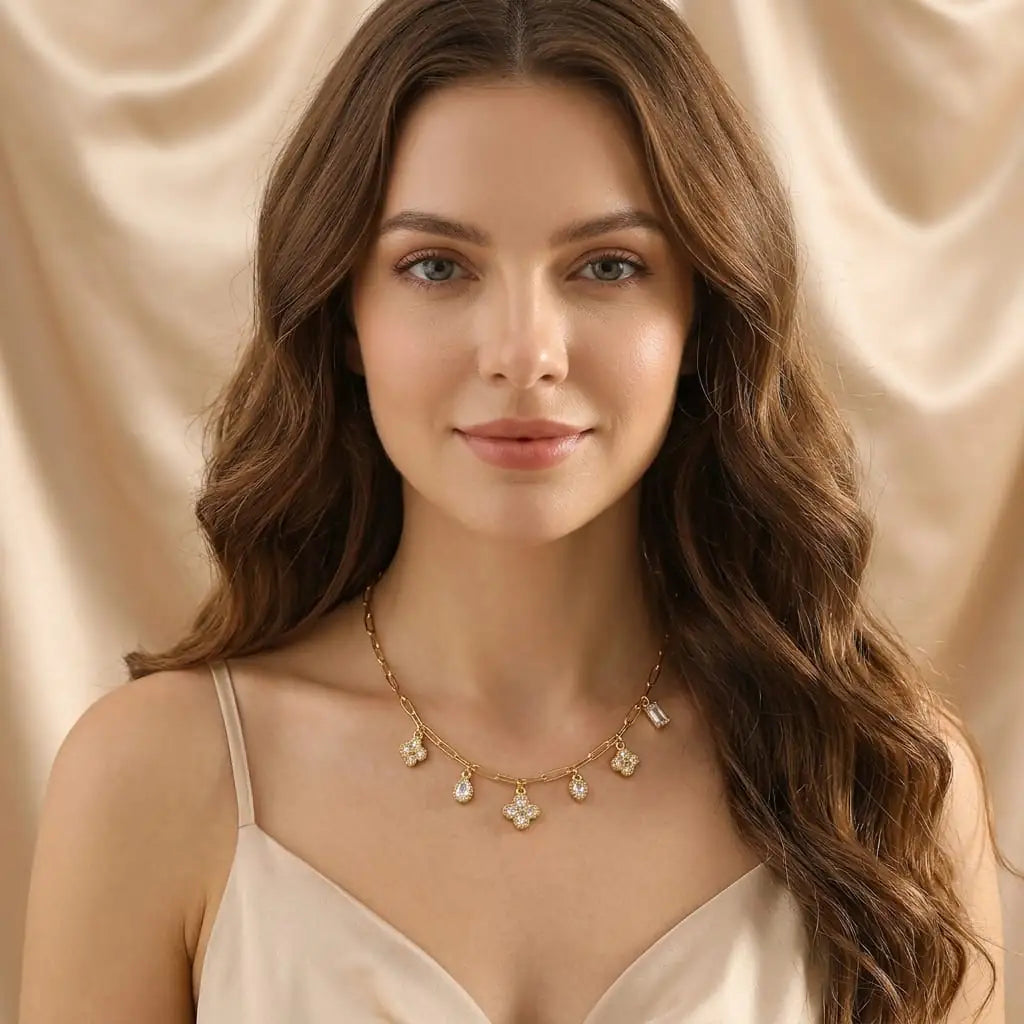 Flower & crystal charm necklace