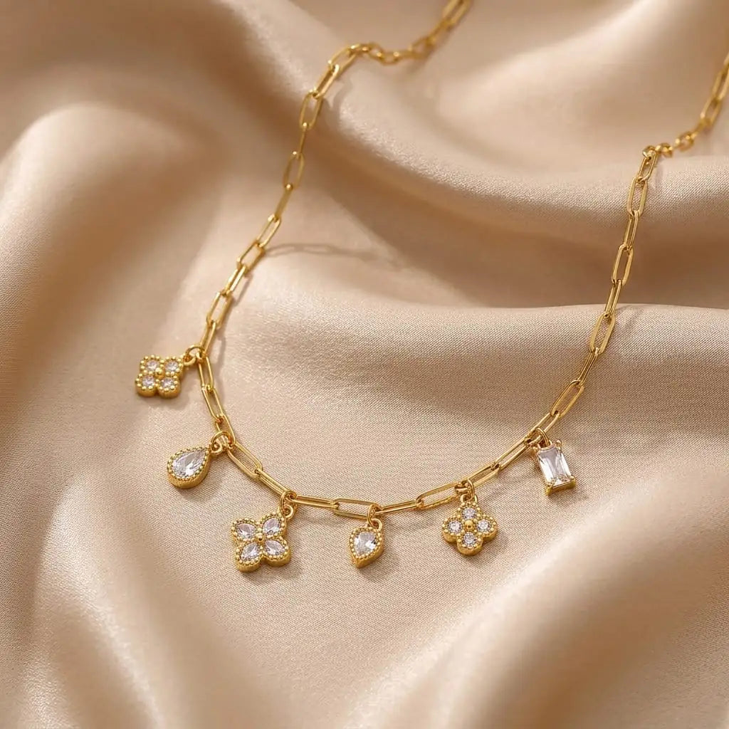 Flower & crystal charm necklace