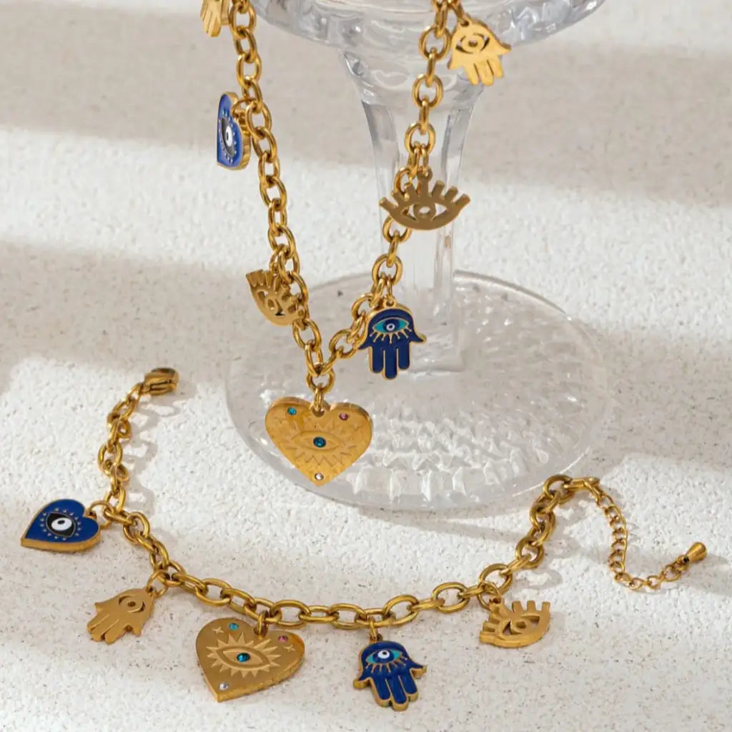 Vintage Evil eyes heart charms necklace and bracelet